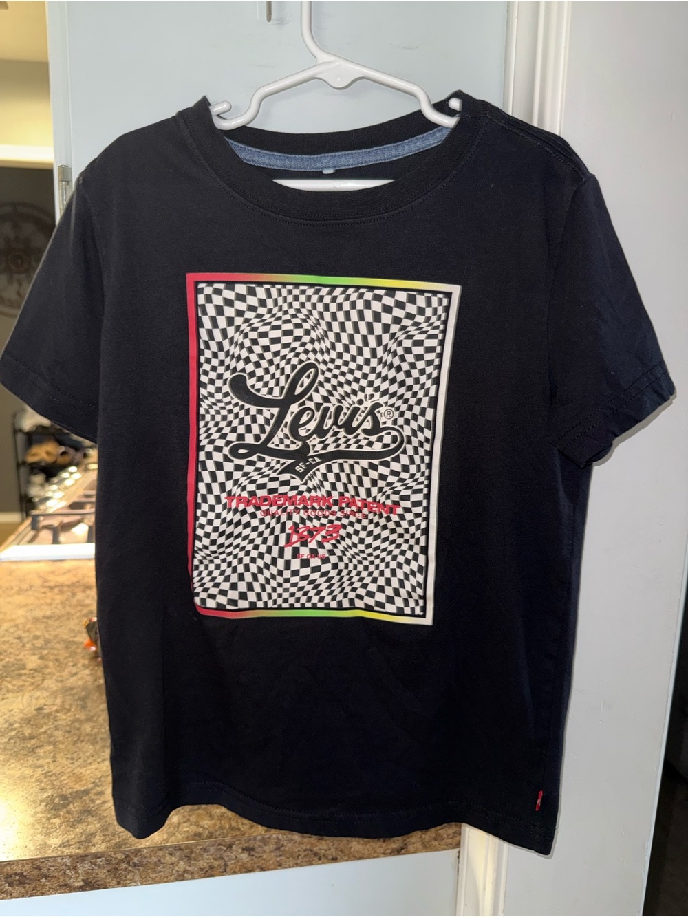 Levi's Black Tee with Checkerboard Logo Panel and Neon Trim